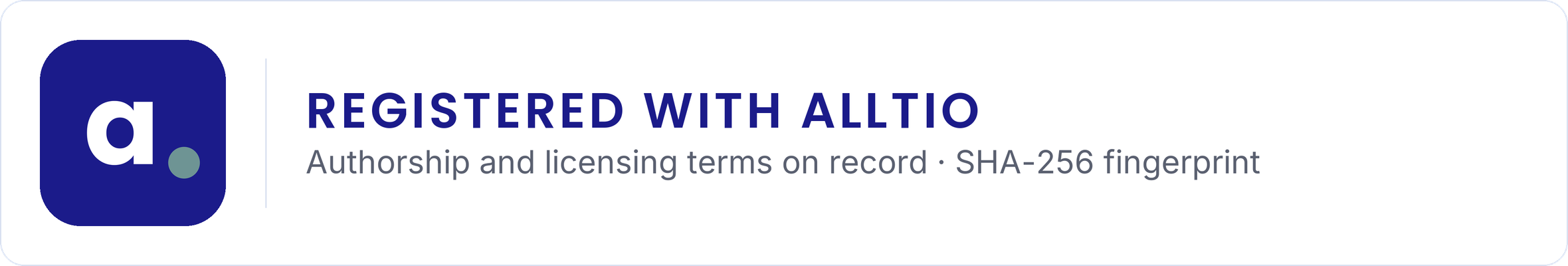 Registered with Alltio — authorship and licensing terms on record, SHA-256 fingerprint